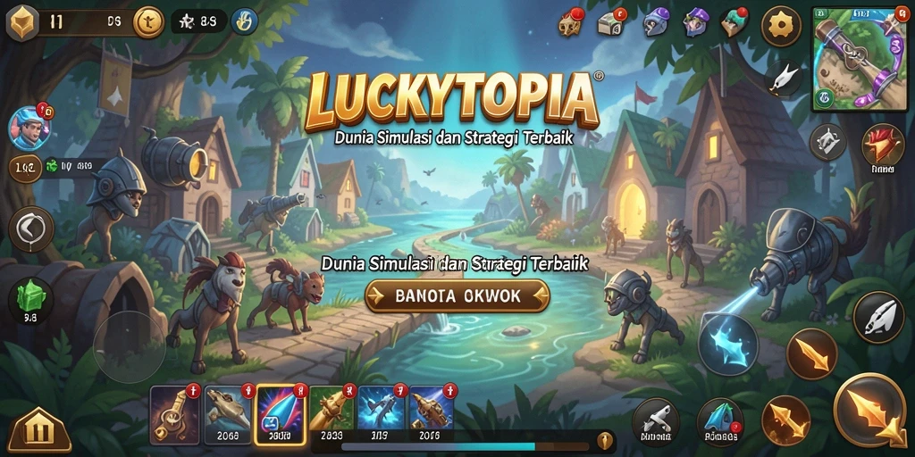 Tampilan gameplay LUCKYTOPIA menampilkan strategi membangun dan pertempuran.