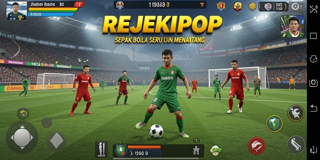 Screenshot gameplay <strong>REJEKIPOP</strong> yang menunjukkan aksi sepak bola yang seru.