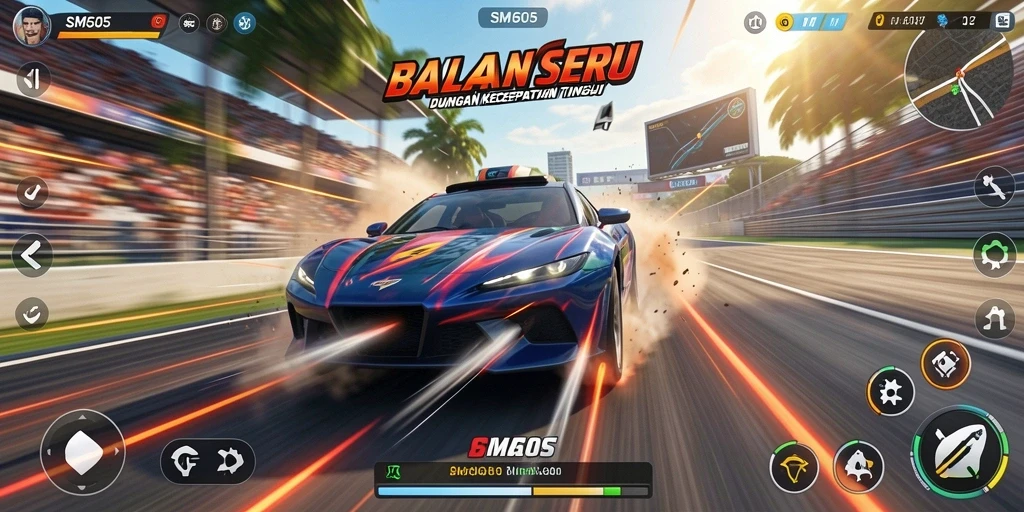 Gameplay SM605 yang mendebarkan dengan kendaraan cepat dan trek menantang.